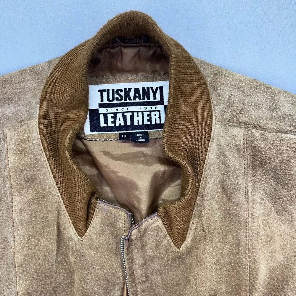 Vintage Tuskany Leather brown black patch pattern bomber jacket XL‎ - No ZIP